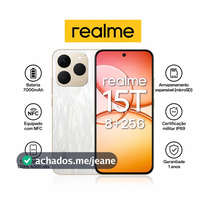 Celular realme 15T 5G Smartphone 8+256 GB 2ANOS E IA GARANTIA Original Versão Global Bateria 6550mAh Câmera 50MP NFC Tel
