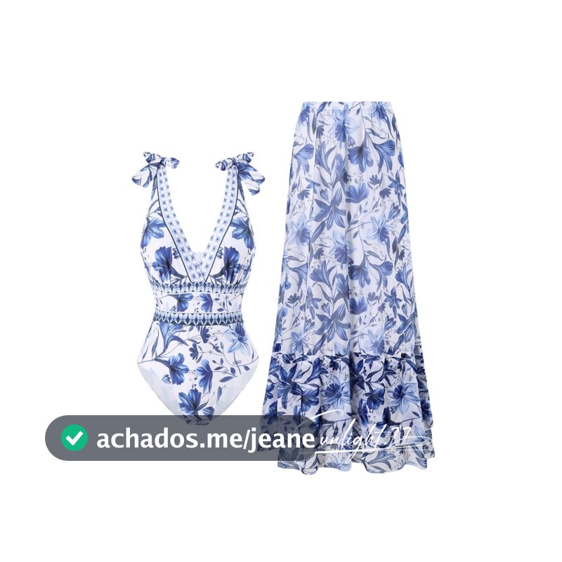 Conjunto de Biquíni Sexy Feminino Maiô de Uma Peça Saia de Chiffon Decote em V Praia Moda Praia Conservadora