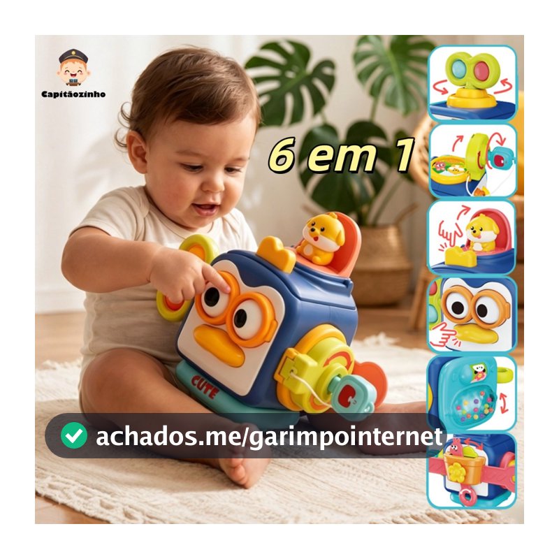 Cubo Montessori de 6 Lados Pinguim Brinquedo Educativo para Bebê 6M+