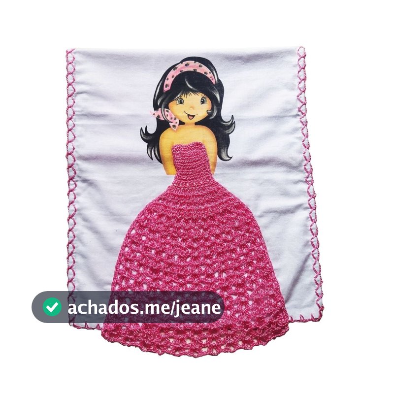Pano de Prato de Boneca com Vestido de Crochê Rosa e Caseado em Crochê - Cozinha, Casa & Decoração