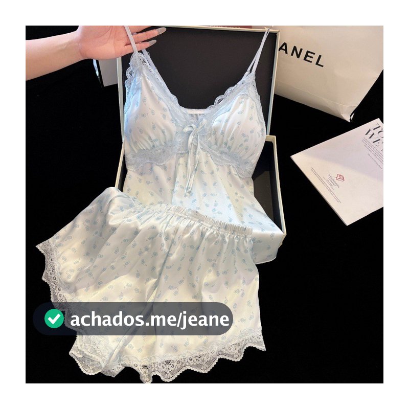 Estilo desejo puro com almofada no peito Suspender Shorts conjunto pijamas de seda gelo cetim renda Loungewear