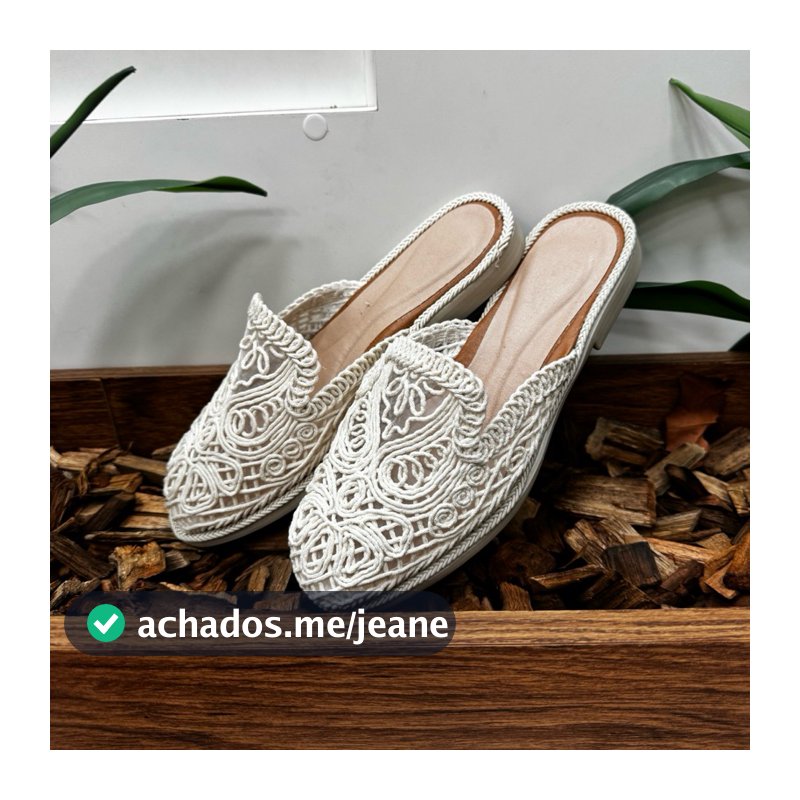 Mule Feminino Renda Off White Bico Fino Elegante Confortável Casual Fashion