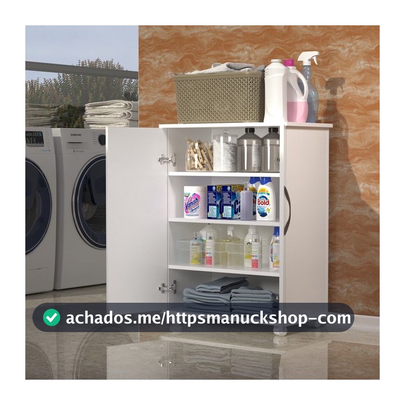 Armário Balcão 5 Prateleiras Branco Com Rodinhas porta duplas