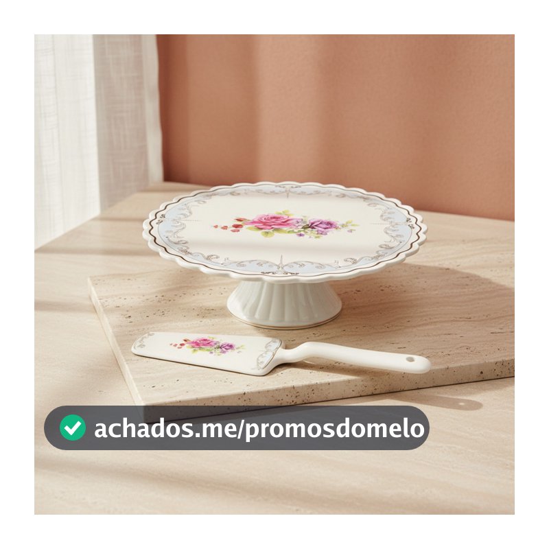 Prato para bolo Mon Cheri em Porcelana new bone china com pé e espatula D26xA9,3cm branco