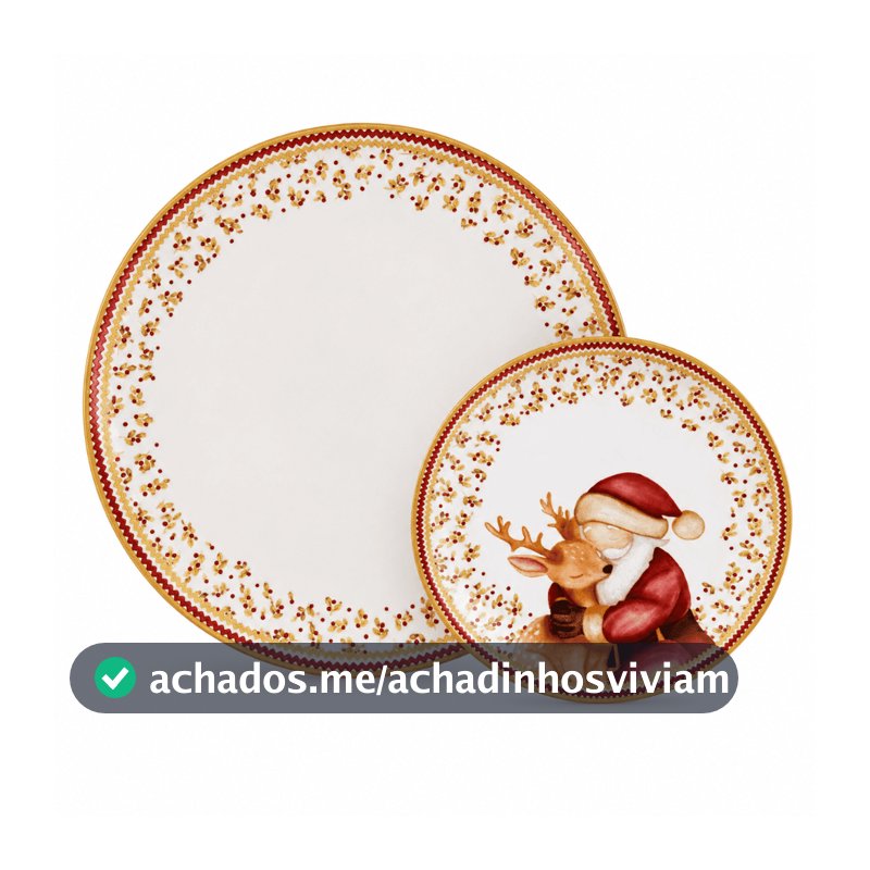 Pratos Natalinos Alleanza Cerâmica Prato Raso e Sobremesa Papai Noel Kit 2 Peças Mesa Posta Ceia de Natal