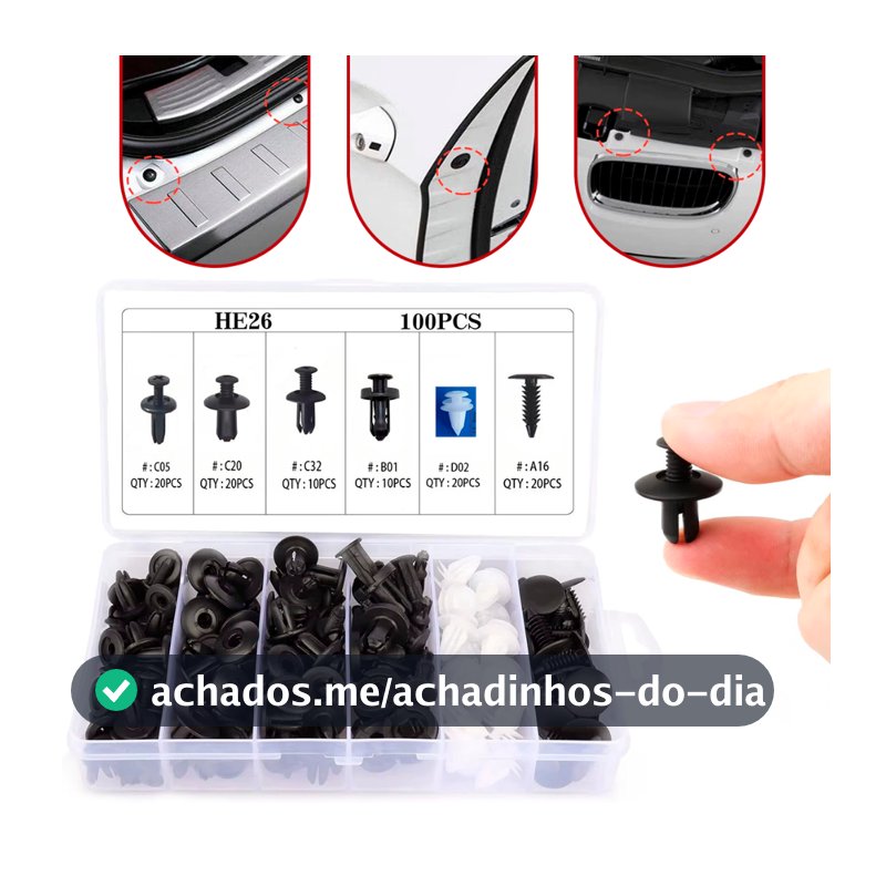 Kit Grampos e Presilhas Automotivas com 100 Peças + Estojo Organizador Universal Reforçado