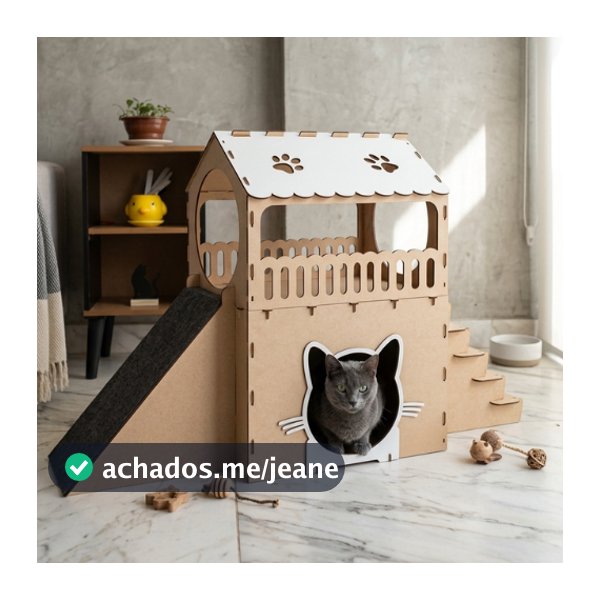 Casinha para Gatos 2 Andares MDF com Arranhador e Rampa Carpete– Toca Playground Antiestresse