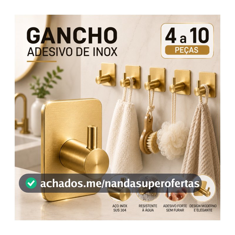 Kit Gancho de Parede Adesivo Aço Inox 304 Sem Furar 5kg Banheiro Cozinha Toalha Roupa Multiuso Forte