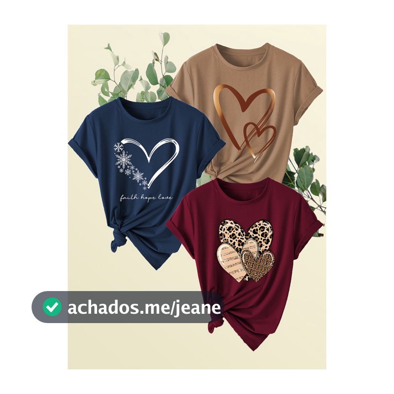 Conjunto Kit 3 camisetas femininas manga curta com estampa de coração gola redonda verão 100% algodão estilosas casual