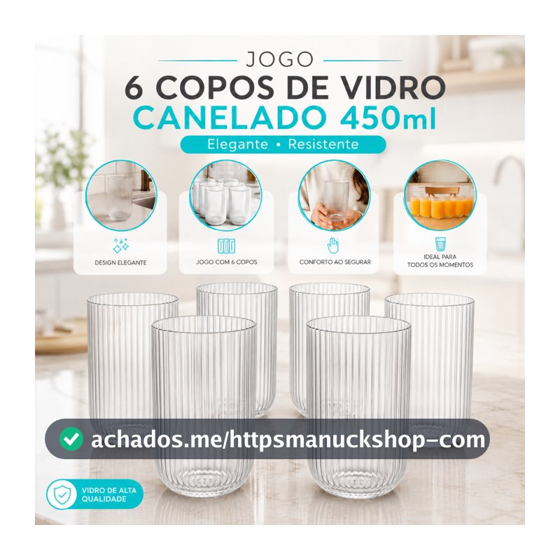 Jogo 6 Copos de Vidro Canelado 450ml Elegante Resistente para Água Suco e Drinks