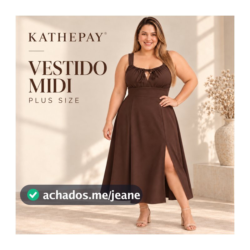 Vestido Midi Feminino Liso Plus Size Khatepay com Fenda Laço no Decote e Amarração nas Costas