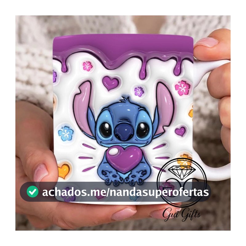 Caneca Xícara Personalizada Lilo e Stitch Disney Efeito 3D Porcelana 325ml Presente