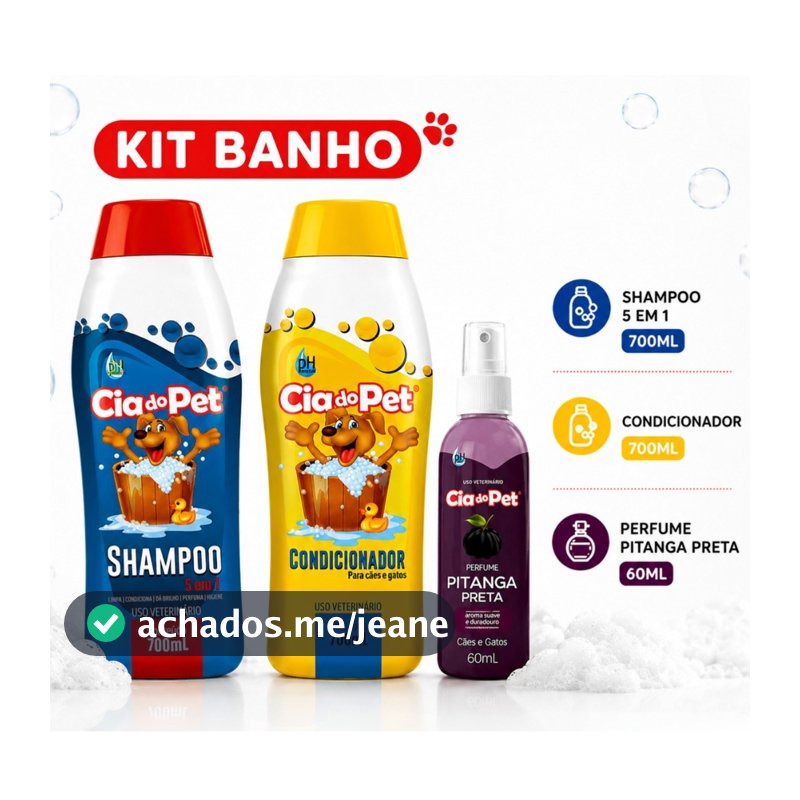 Kit Banho Pet Shampoo 700ml + Condicionador 700ml + Colônia Perfume Para Cães e Gatos pH Neutro Cia do Pet