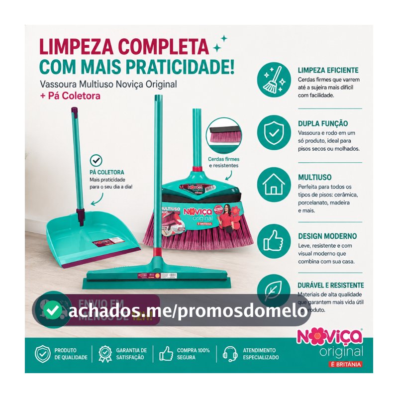 LIMPEZA PESADA VASSOURA + RODO + PA COM CABO NOVIÇA MULTIUSO GERAL QUINTAL POEIRA AGUA ORNANIZAR