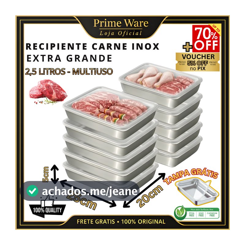 Recipiente Carne Inox com Tampa Grande Capacidade 25cm Potes Para Frutas Legumes e Carnes