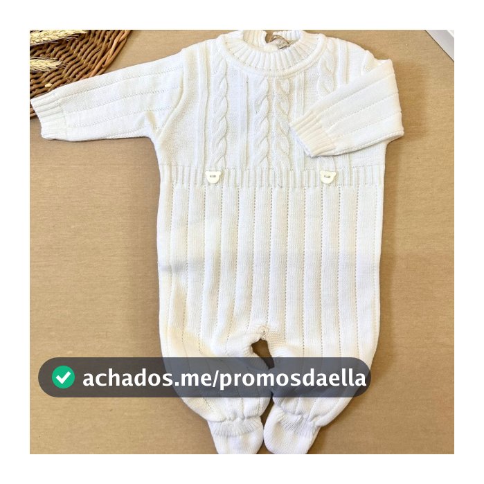 Macacão de Bebê Trançado RoupaTricot Ursinho Saída Maternidade Branco Recém Nascido Menina Menino
