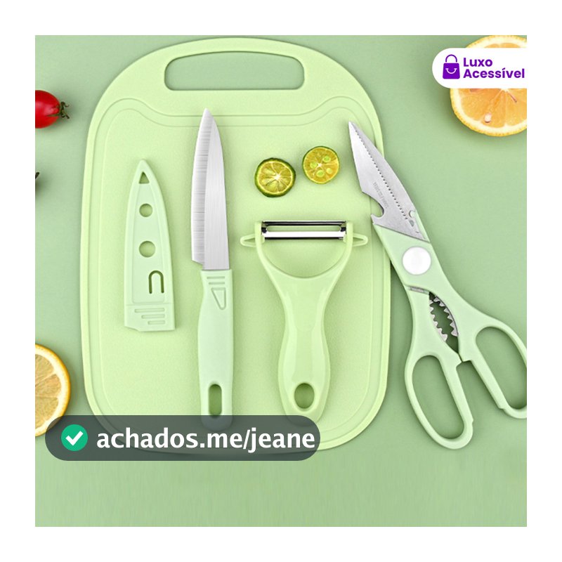 Kit De Utensílios De Cozinha 4 Peças - Faca Tesoura Descascador Tábua Culinária - Inox