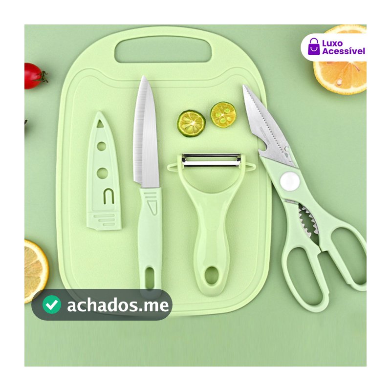 Kit De Utensílios De Cozinha 4 Peças - Faca Tesoura Descascador Tábua Culinária - Inox