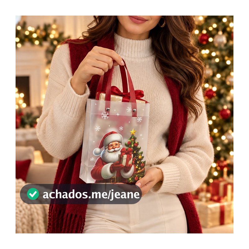 Kit Sacola Para Presente Transparente Alça Vermelha De Natal Papai Noel