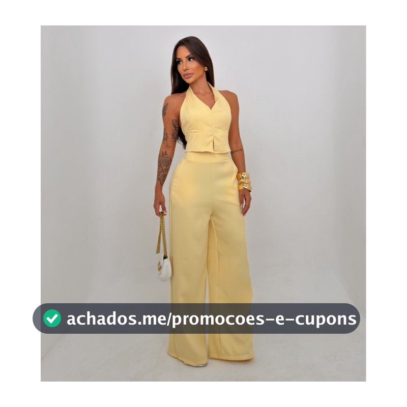 Conjunto Feminino Alfaiataria Calça Pantalona Cintura Alta e Cropped Colete Frente Única Elegante