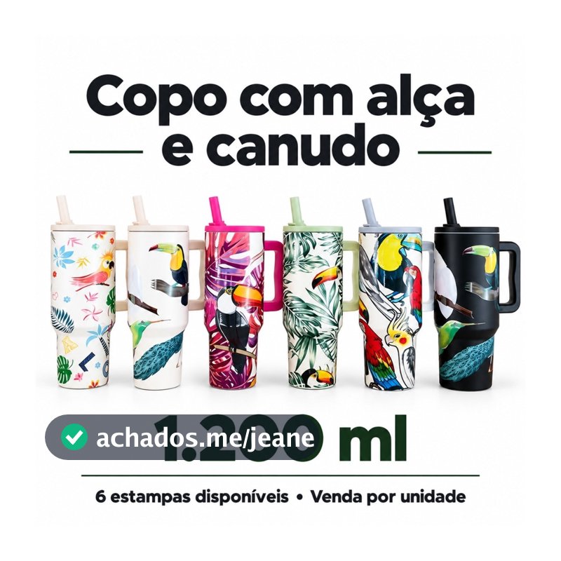 Copo Térmico 1200ml em Aço Inox com Alça Tampa e Canudo Estampado Fauna Tropical Tucano Arara Pássaros