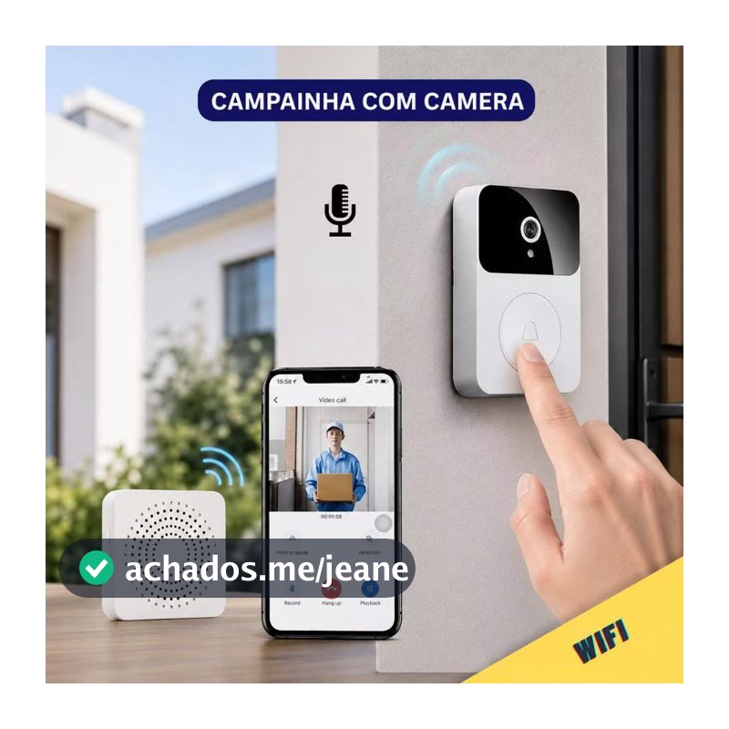 Campainha Com Câmera Vídeo Porteiro Sem Fio Wi-Fi HD Inteligente Smart Home Vê Pelo Celular -bombara