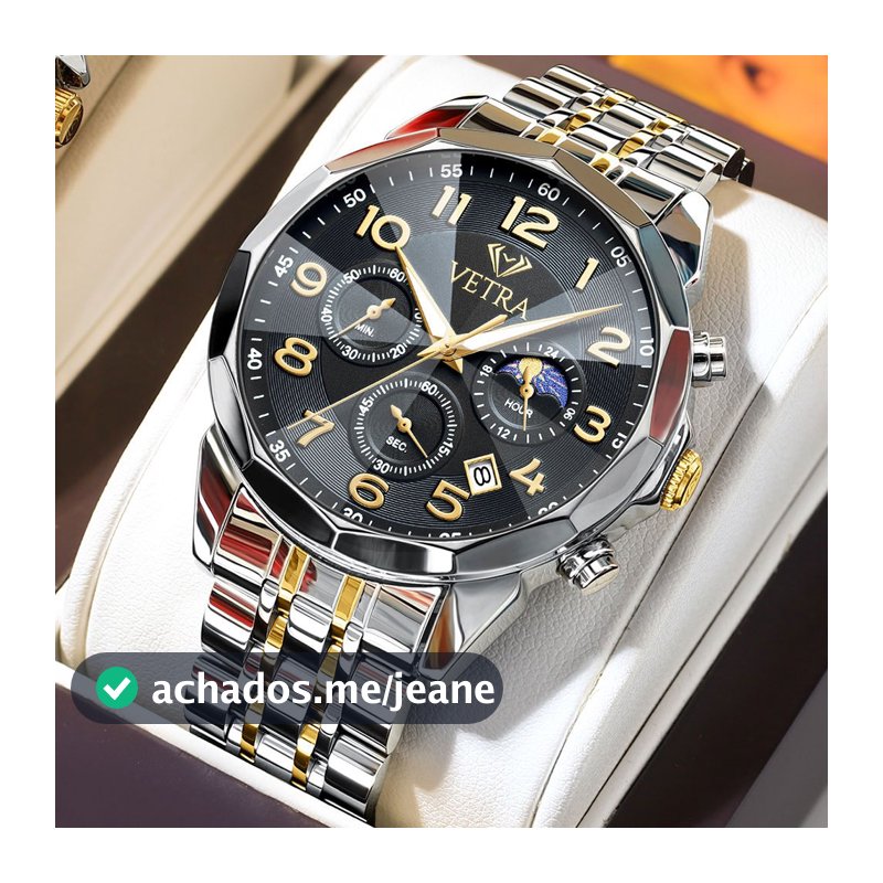 VETRA Relógio Masculino Original Cronógrafo Multifuncional a Prova d Água Presente para Homem Aço Inoxidável Preto 3676