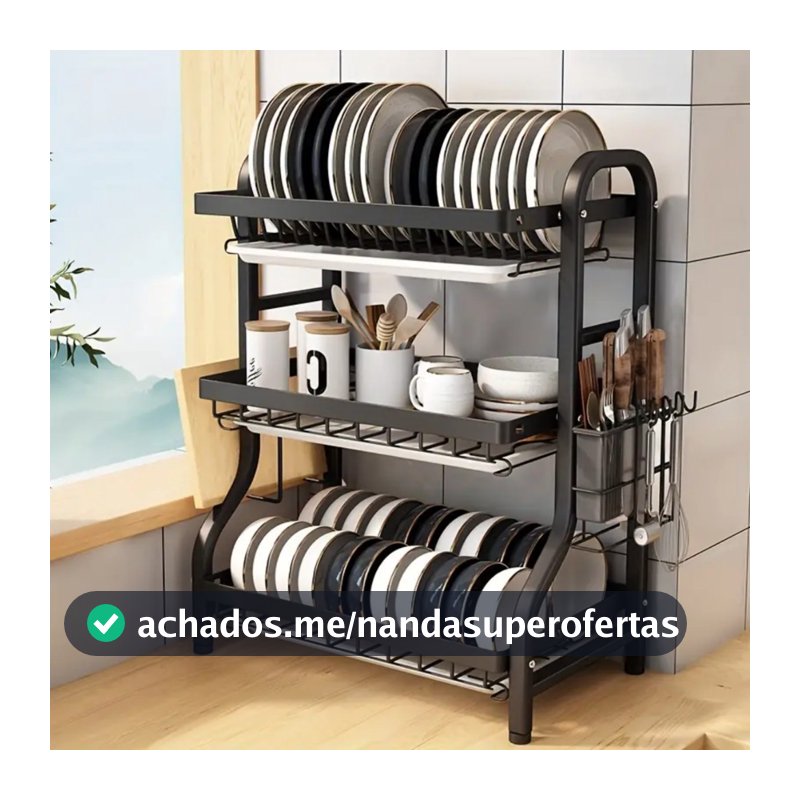HAOSIN Escorredor De Pratos De Aço Inoxidável Preto Com Organizador Rack Multifuncional De 3 Camadas