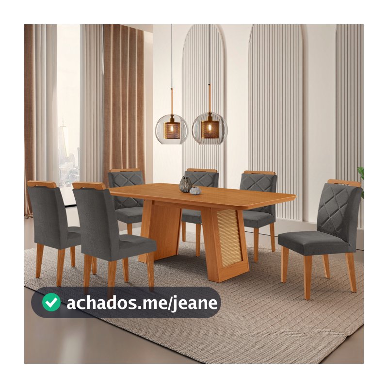 Mesa de Jantar Carolina Tampo 180cm MDF Canto Copo e 6 Cadeiras Melissa Moderna Mobilia