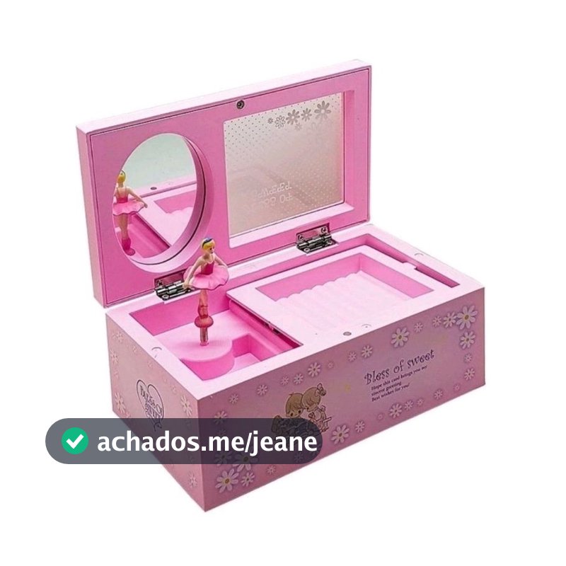 Caixinha Porta Joias Infantil com Bailarina Musical Espelho e Porta Fotos Rosa