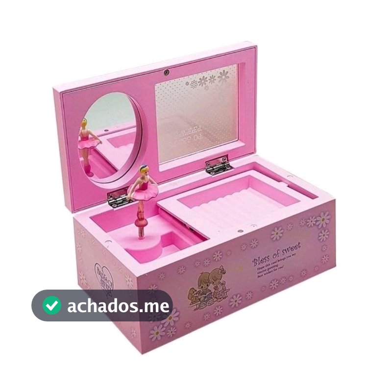 Caixinha Porta Joias Infantil com Bailarina Musical Espelho e Porta Fotos Rosa