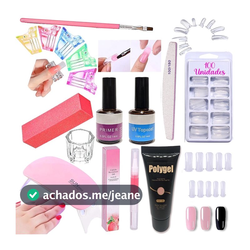 Kit Polygel Alongamento De Unha + Molde F1 + Lixa + Top Coat + Primer + Cabine Sun Mini Poligel Unhas