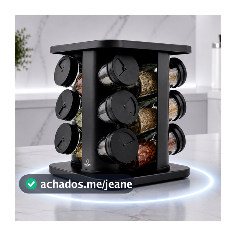 Porta Tempero Giratório Vidro 12 Potes 360 Preto