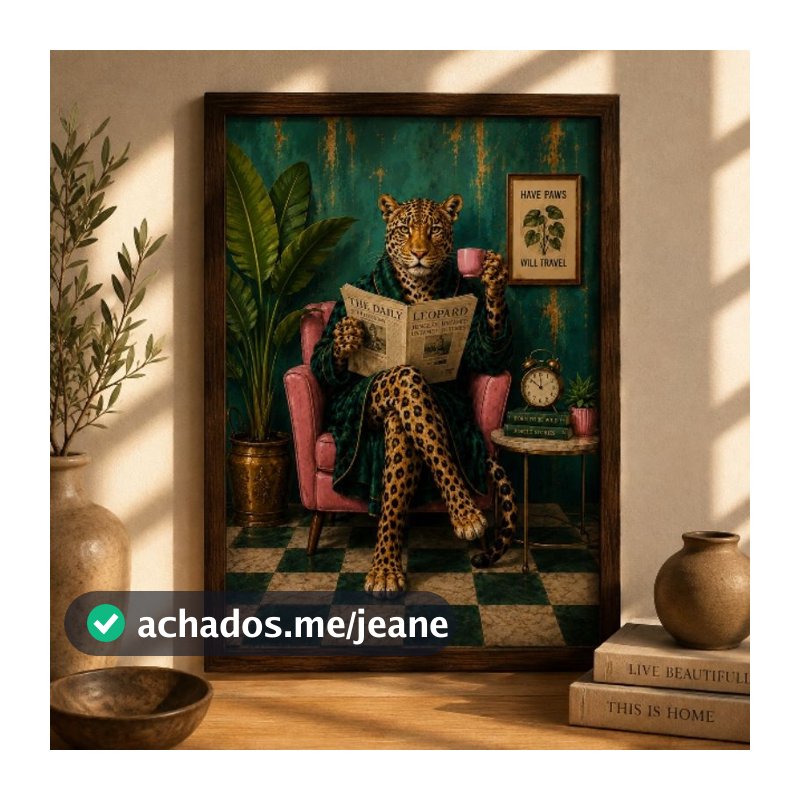 Quadro Hora do Chá Leoparda Elegante Decorativo A3 Sala Quarto Moderno