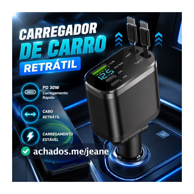 Carregador Veicular 5 Em 1 Com Dois Cabos Retráteis Tipo‑C Display Digital Tensão Para Carro 12V 24V Carregamento Rápido