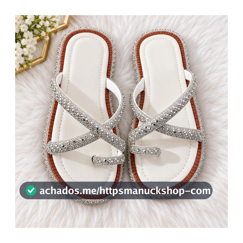 Sandália Feminina Rasteirinha Luxo com Strass Brilho Confortável Casual