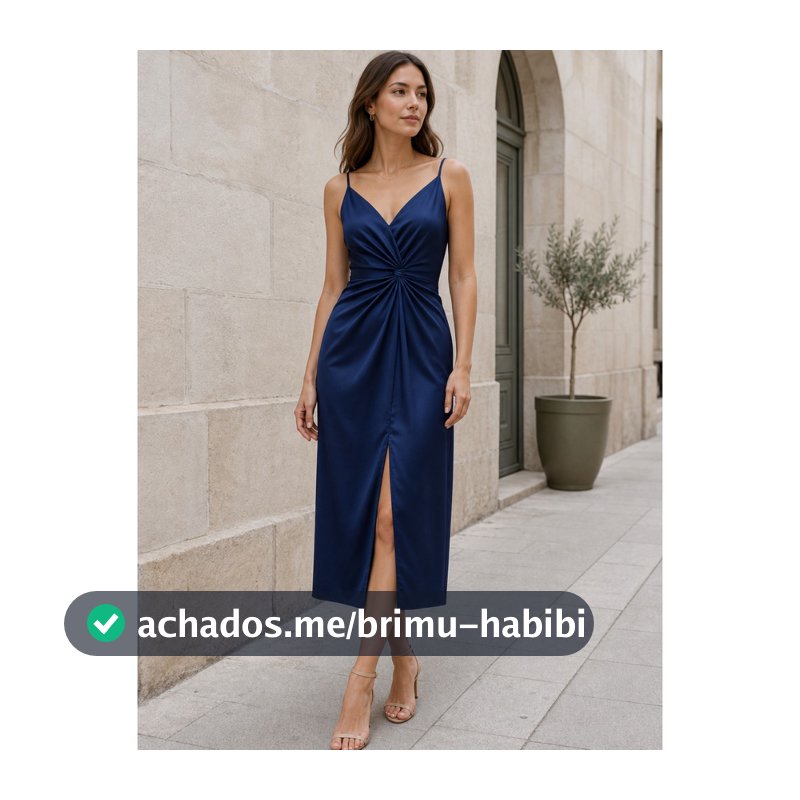 Vestido Midi Longo de Cetim Feminino Elegante com Fenda Decote V Alça Fina Acinturado Festa Casamento Luxo P M G R.25132
