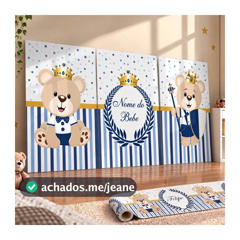 Kit Quadros Decorativos + 3 Faixas Adesivas de Parede Urso Principe Personalizado Nome Infantil Menino