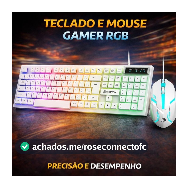Kit Gamer Teclado + Mouse Branco RGB LED USB ABNT2 profissional– Iluminado, Conforto e Performance