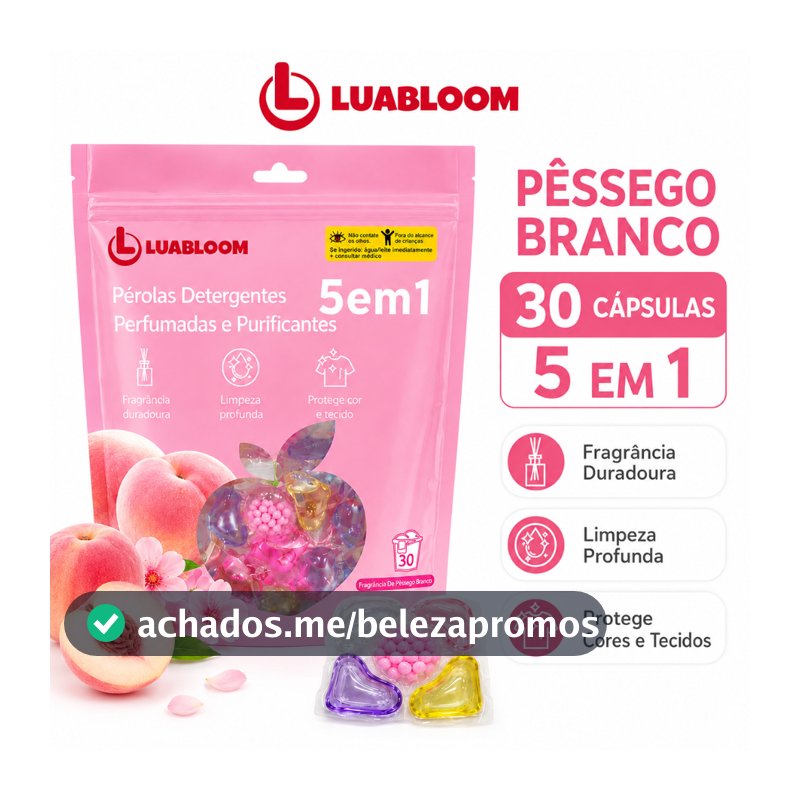 LUABLOOM Sabão Cápsula Lava Roupas 30un 5 em 1 Pêssego Branco Aroma Suave e Fresco