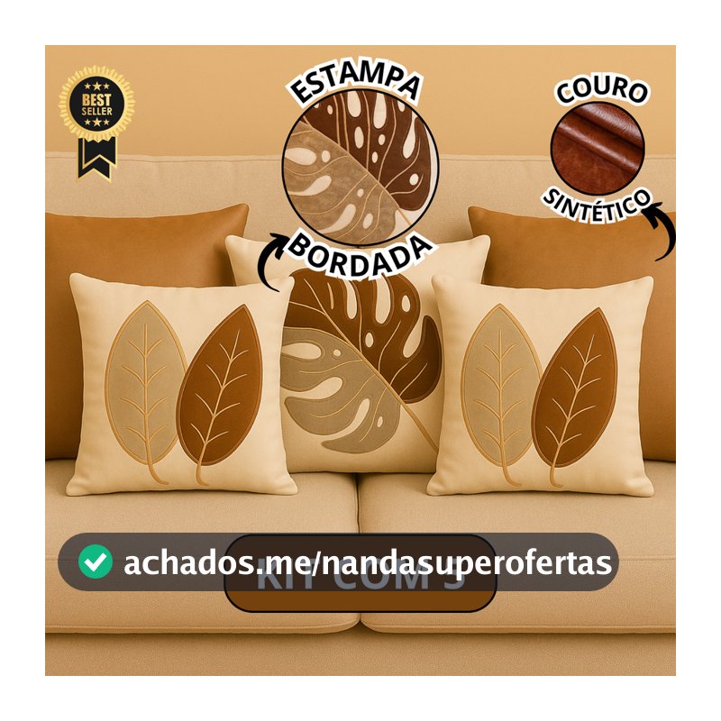 Kit 5 Almofadas Decorativas Couro Sintético e Linho Boho Luxo Chic Folhas Terracota Premium Decoração Sala Sofá