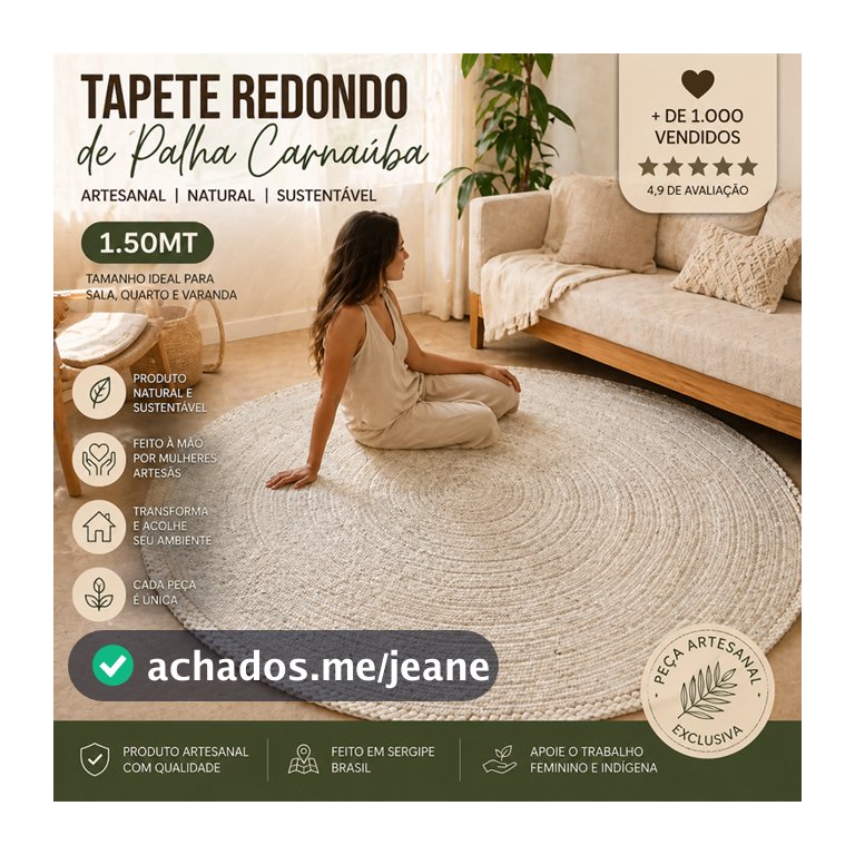 Tapete Redondo 1,50m Palha Carnaúba Natural Artesanal Sala Quarto Decoração Boho Luxo Sustentável