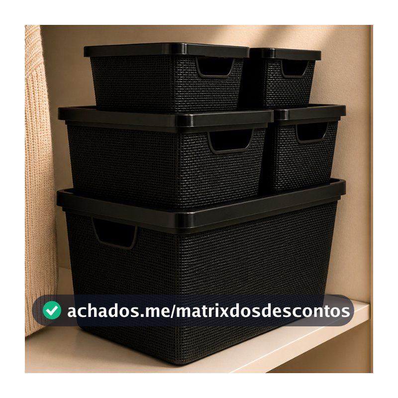 Kit Até 5 Caixas Organizadoras com Tampa Cesto Grande Plástico Resistente Multiuso Preto  2L 6L 16L Banheiro Gaveta Sala