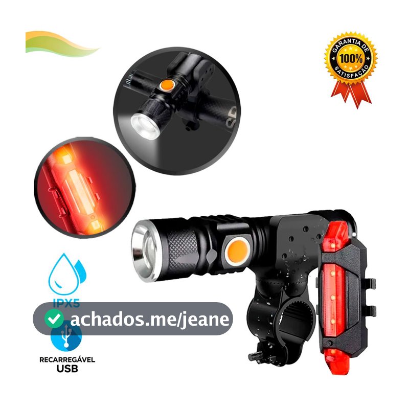 Kit com Mini Lanterna + Suporte de Guidão + Lanterna Traseira para Bike - Kit de Acessórios de Iluminação para Bicicleta