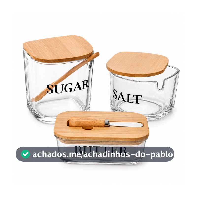 Saleiro, Açucareiro, Mantegueira, Galheteiro ou Porta-Frios de Vidro com Tampa de Bambu - Wolff