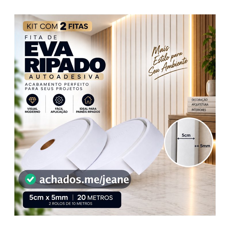 KIT De 2 Fitas de EVA para Ripado Branco Autocolante 5cmx5mmx20m Painel Decorativo para Parede Porta e Vedaçao