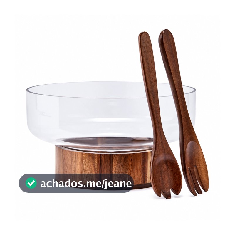 Conjunto Saladeira Vertus 7L 4 Peças Vidro com Base de Madeira e Talheres Member's Mark