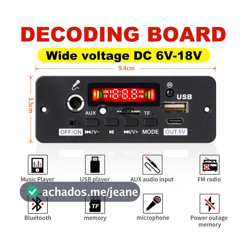 Placa Decodificadora MP3 Amplificador 50W 2x25W Bluetooth 5.0 Rádio FM USB TF Áudio Para Carro Pro