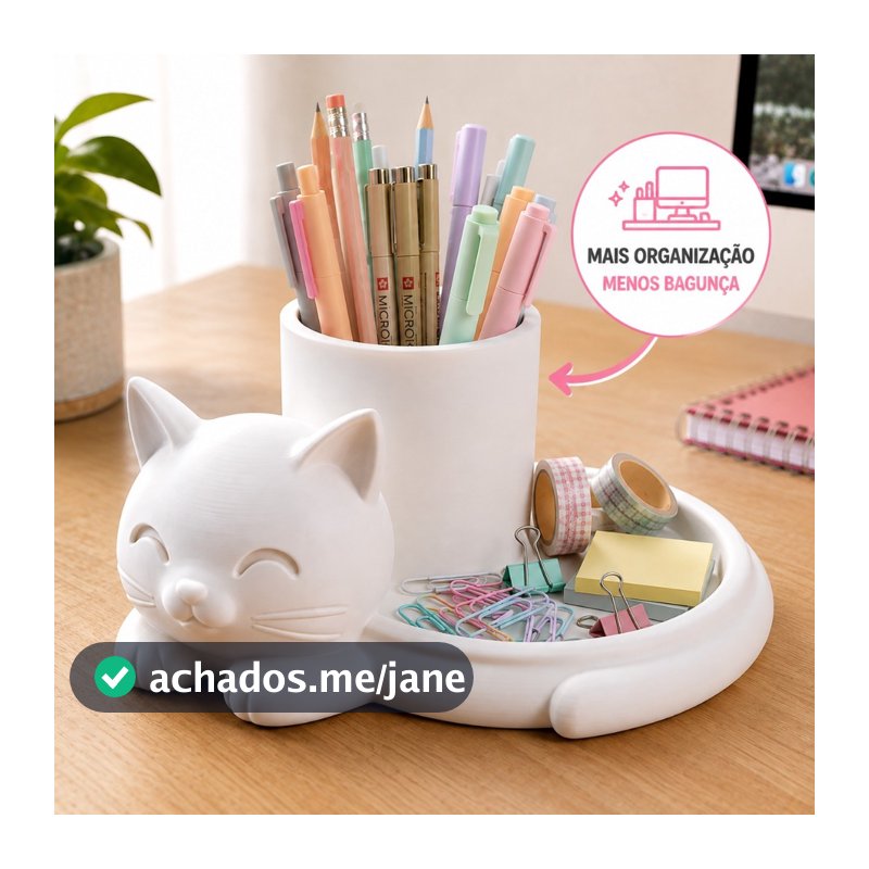Organizador Gato Sorridente Porta Canetas Mesa Escritório Estudo Decoração Fofinha