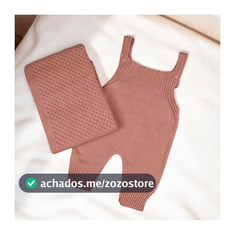 KIT SAIDA MATERNIDADE 2 PÇS TRICOT JARDINEIRA MACACÃO E MANTA PARA BEBE RECEM NASCIDO MENINO E MENINA